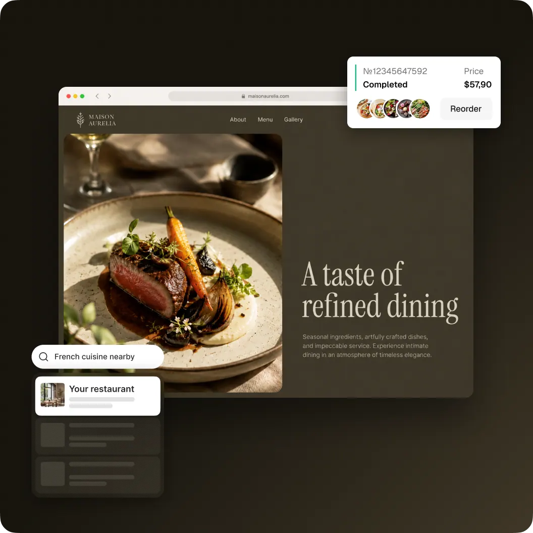 Restaurant website built with Kitchn, with a hero dish photo and direct-ordering call to action
