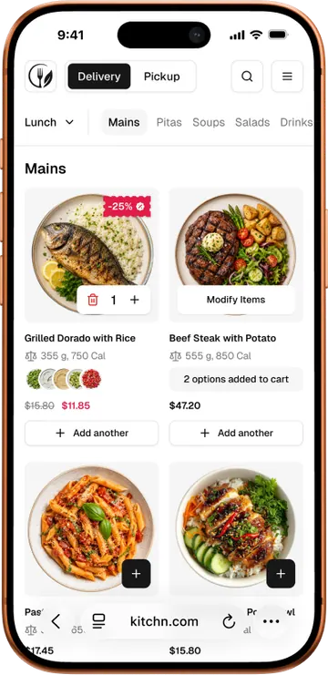 Kitchn guest ordering app on a phone showing a menu and add-to-cart