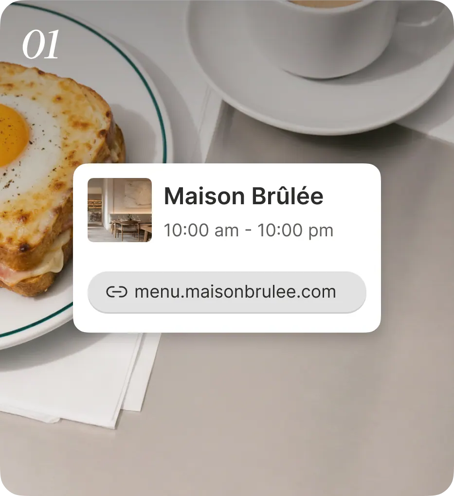 A restaurant dish photo with a Maison Brûlée menu-link card showing opening hours and the menu URL