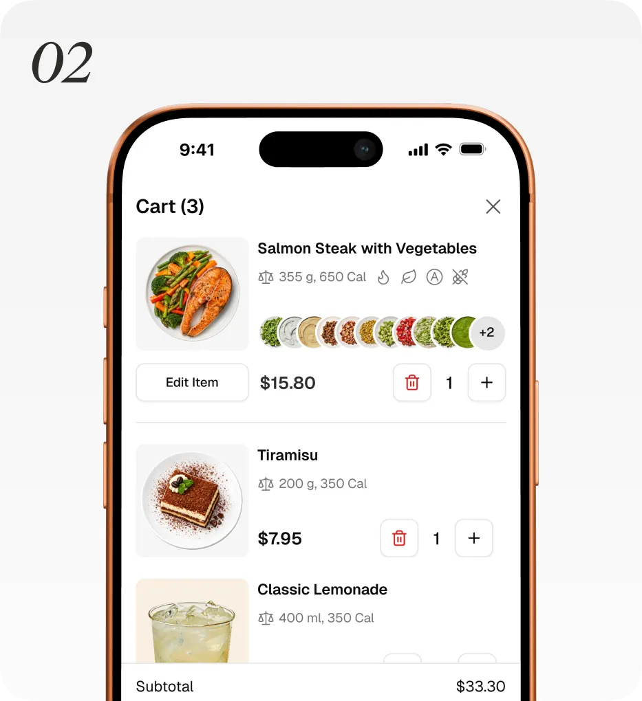 A phone showing the guest cart with a salmon steak, tiramisu and lemonade and a running subtotal