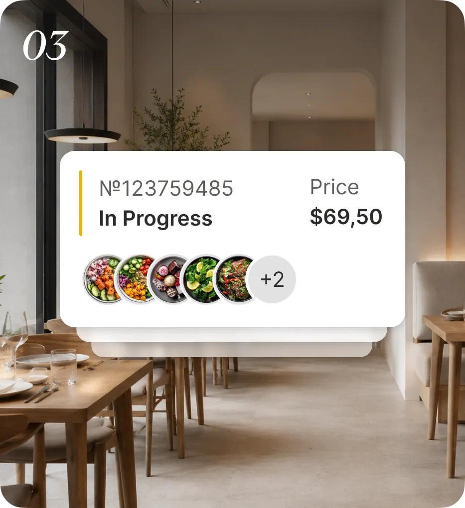 A restaurant interior with an incoming-order card showing the order number, In Progress status and price