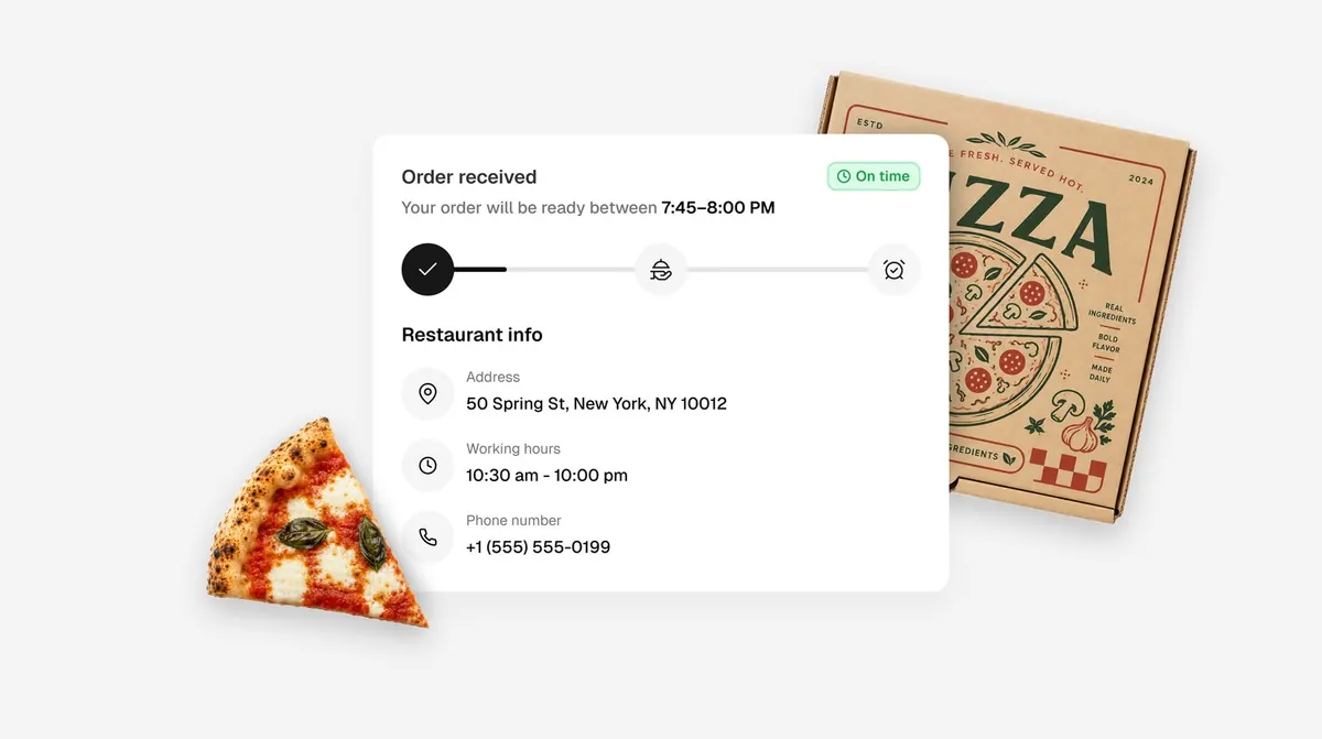 Order-received card with pickup time and restaurant info next to a branded pizza box