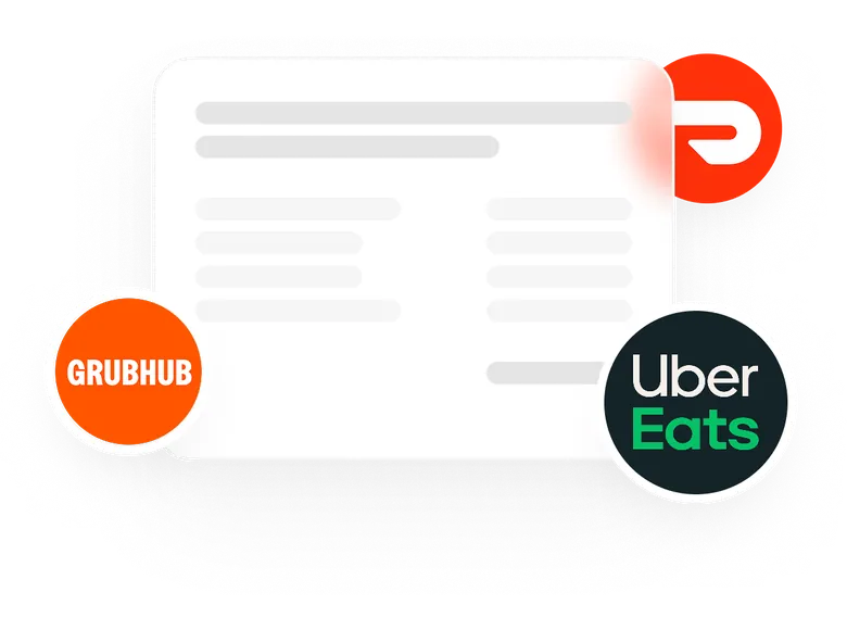Receipt card with DoorDash, Grubhub and Uber Eats badges pushed aside, representing eliminated third-party commissions